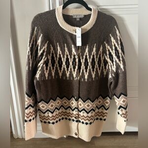 J. Crew Brown and Cream Geometric Cardigan NWT